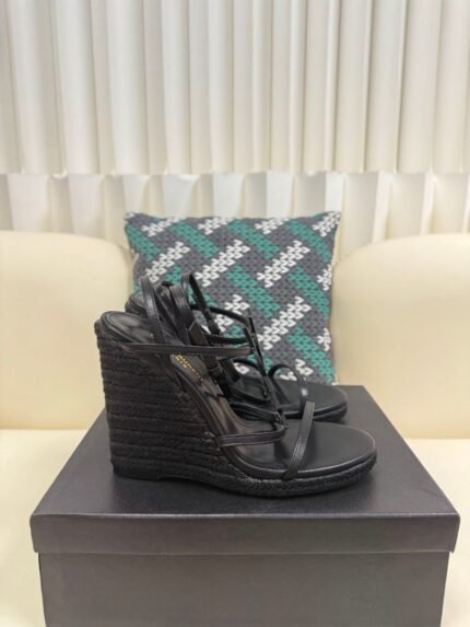 YSL Saint Laurent Logo High-Heeled Wedge Straw Leather Sandals / Heel Height 10.5CM