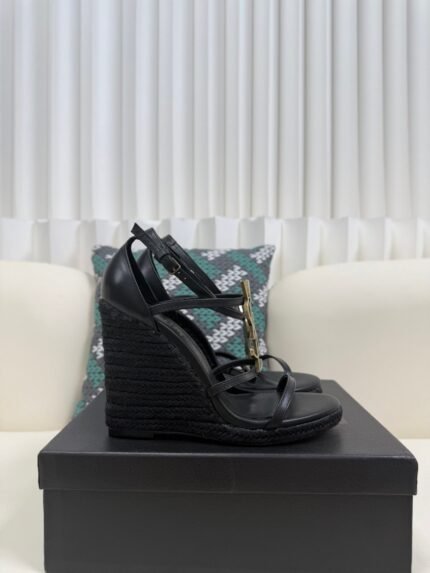 YSL Saint Laurent Logo High-Heeled Wedge Straw Leather Sandals / Heel Height 10.5CM