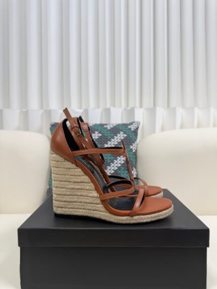 YSL Saint Laurent Logo High-Heeled Wedge Straw Leather Sandals / Heel Height 10.5CM