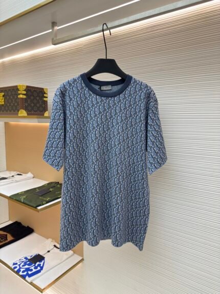 DIOR blue full body jacquard cotton short sleeved shirt