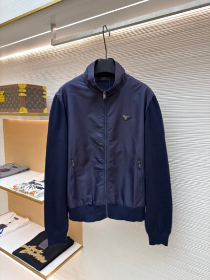 Prada Triangle Logo Knitted and Nylon-Paneled Jacket