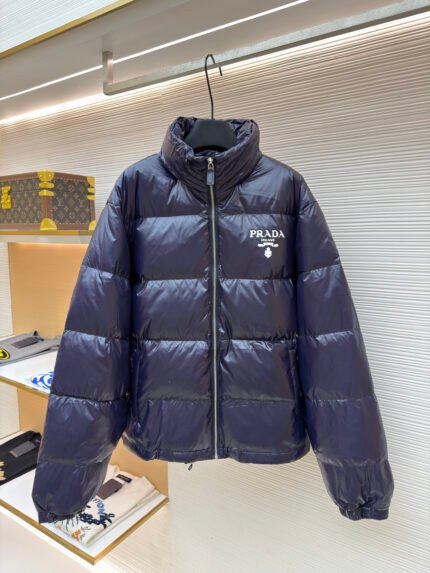Prada Solid-Color Quilted Stand-Collar Jacket with Logo Print