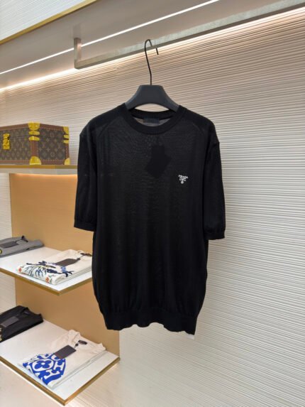 Prada Classic Logo-Embroidered Wool Crewneck Short-Sleeve Top