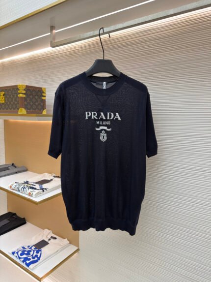 Prada Classic Logo Jacquard Wool Crewneck Short-Sleeve Top