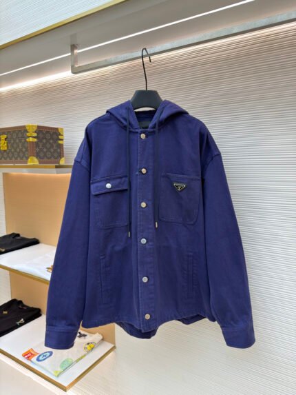 Prada Distressed Denim Hooded Jacket with Triangle Logo