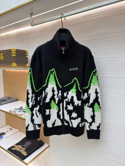 Gucci Ski Wool Knit Jacket with Mountain Landscape Intarsia
