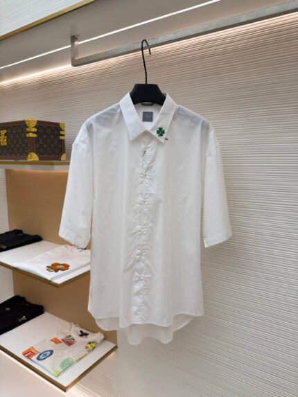Dior Cotton Short-Sleeve Shirt with Clover Embroidery and Logo