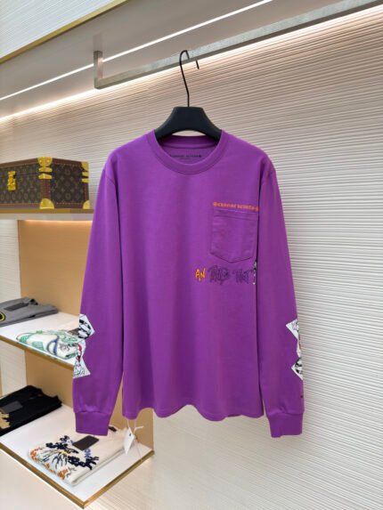 Chrome Hearts Solid-Color Crewneck Long-Sleeve T-Shirt with Comic Print