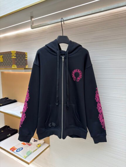 Chrome Hearts Zip-Up Jacket with Pink Horseshoe Print on the Back