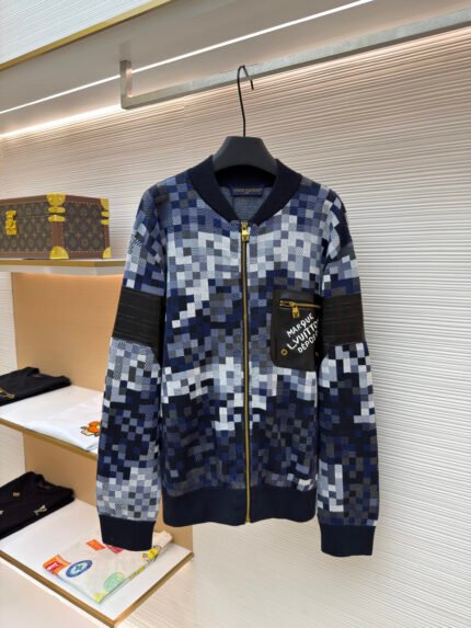 Louis Vuitton Letter-Embroidered, Leather-Paneled, Mosaic Jacquard Knit Jacket