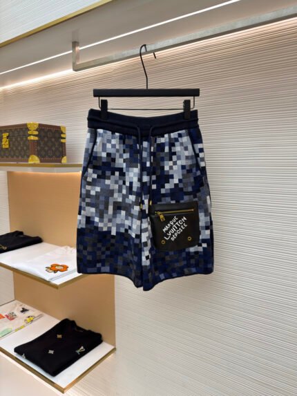 Louis Vuitton Letter-Embroidered, Leather-Paneled, Mosaic Jacquard Knit Shorts