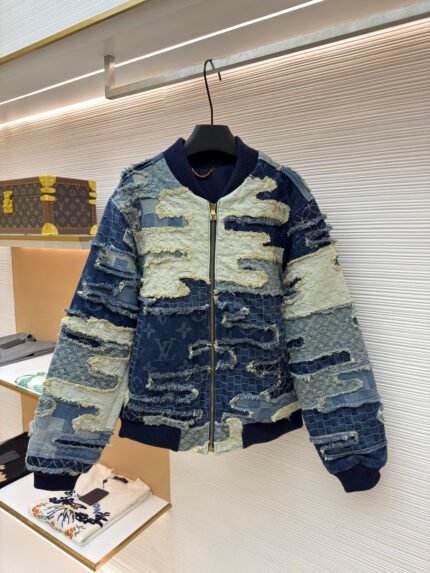 Louis Vuitton Element Jacquard Heavy-Craftsmanship Paneled Distressed Denim Jacket