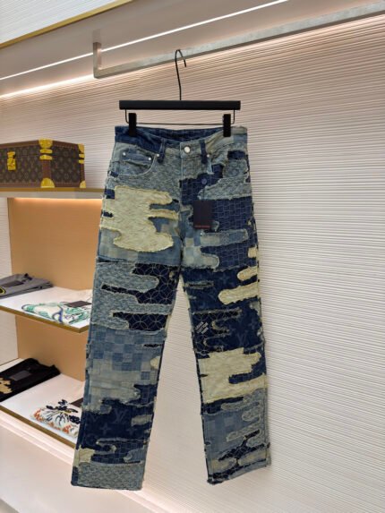LOUIS VUITTON Jacquard-Woven Element, Heavy-Duty Paneled, Distressed Denim Jeans