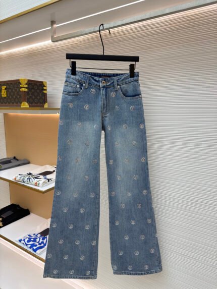 Louis Vuitton High-Waisted Flared Jeans with Allover Letter Sequin Jacquard [Women's]