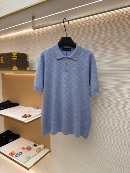 LOUIS VUITTON Short-Sleeve Polo Shirt with Allover Letter Jacquard Knit