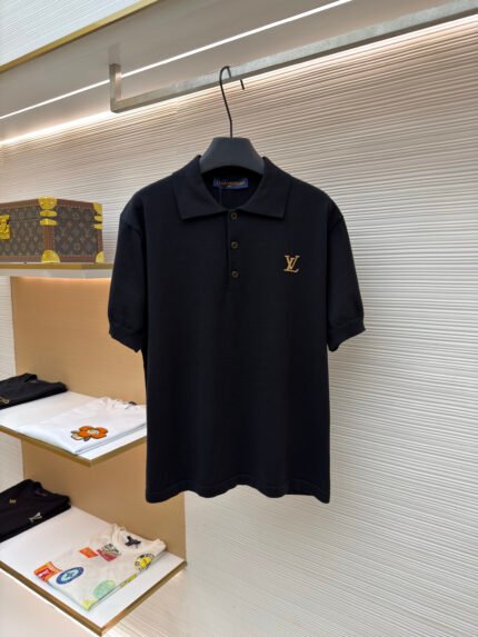 LOUIS VUITTON Short-Sleeve Knitted Polo Shirt with Leather Lettering Patch