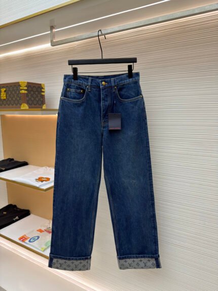 LOUIS VUITTON Denim Trousers with Letter Jacquard and Rolled Cuffs