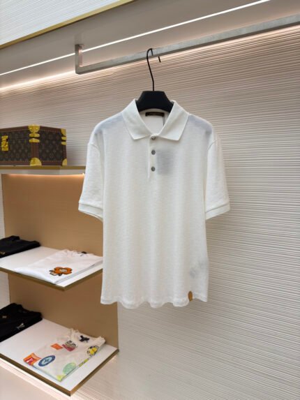 Louis Vuitton Short-Sleeve Polo Shirt with Lettered Leather Patch and Subtle Checkerboard Jacquard Pattern