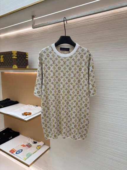 LOUIS VUITTON All-Over Letter & Floral Jacquard Knit Short-Sleeve Top