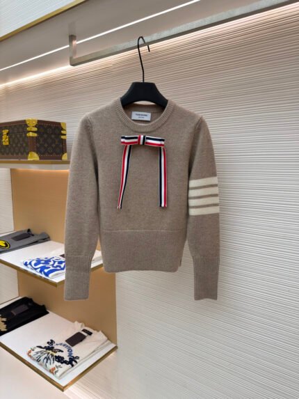 THOM BROWNE 100% Wool Crewneck Sweater with Bow Detail [Women's]