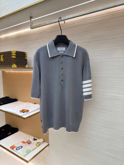 Thom Browne 4-Bar Polo Shirt — Mulberry Silk, Short Sleeve