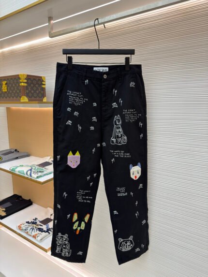 Loewe x Louis Wain Collaboration: Heavy-Embroidered, Loose-Fit Denim Jeans with Cat Motif
