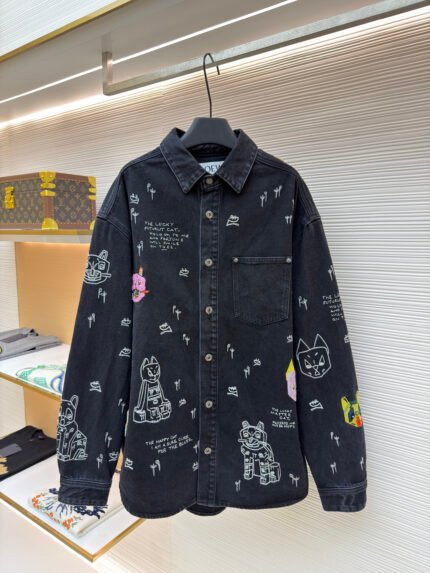 Loewe x Louis Wain Collaboration: Heavily Embellished Denim Jacket with Cat Embroidery
