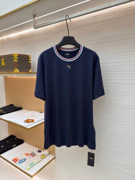 Fendi Crew-Neck Cotton T-Shirt with FF Embroidery Trim