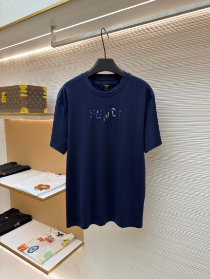 Fendi Crew-Neck Short-Sleeve Top with Mélange Yarn Embroidery