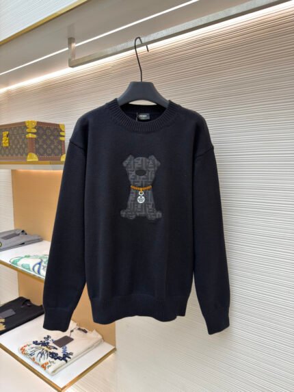 Fendi Knitted Sweater with Puppy Appliqué and Embroidered Logo