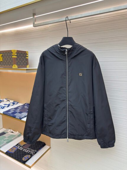 FENDI Black High-Tech Fabric Jacket with Logo Patch