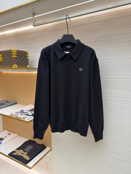 Fendi Knitted Polo Shirt with Double-F Metal Logo Plaque