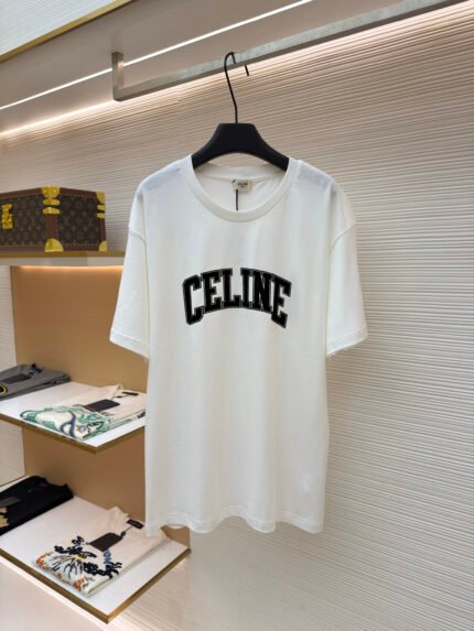 Celine Crew-Neck Short-Sleeve T-Shirt with Flocked Print