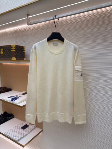 Moncler Crewneck Sweater with Sleeve Pocket and Logo Patch