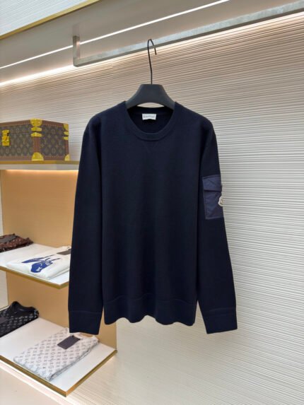 Moncler Crewneck Sweater with Sleeve Pocket and Logo Patch