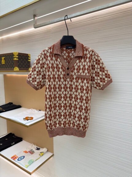 Amiri Short-Sleeve Knit Polo Shirt with Metallic Diamond Pattern