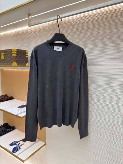 Ami Paris Crew-Neck Wool Sweater with ADC Embroidery