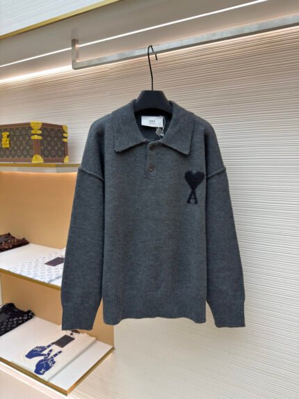 Ami Paris Wool Polo Sweater with Heart Logo