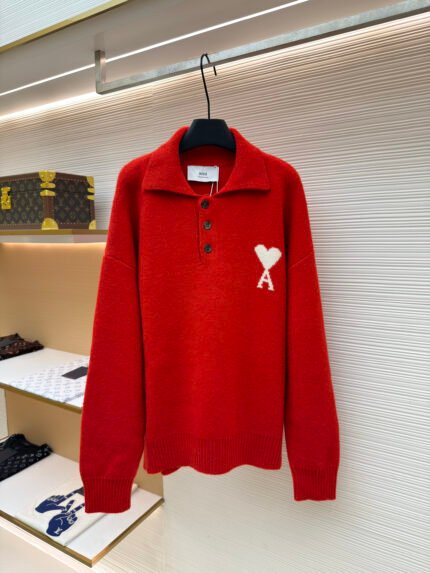 Ami Paris Heart-Jacquard Knit Polo Shirt