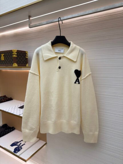 Ami Paris Heart-Jacquard Knit Polo Shirt
