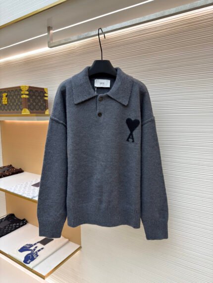 Ami Paris Heart-Jacquard Knit Polo Shirt