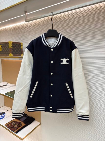 Celine Genuine Leather Letter Patch Varsity Jacket