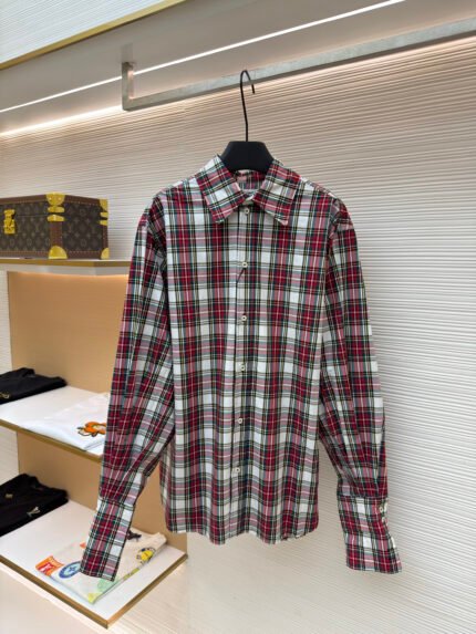 Celine Red and White Striped Collared Shirt