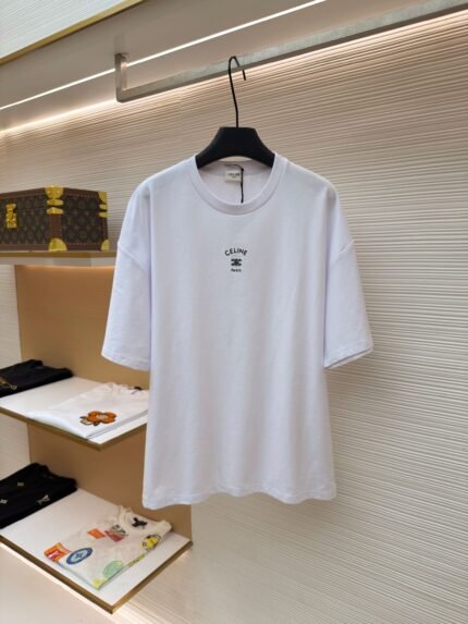 Celine Solid-Color Logo Print Short-Sleeve T-Shirt