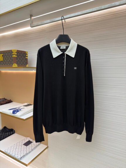 Celine Embroidered Wool Long-Sleeve Top with Button Detail