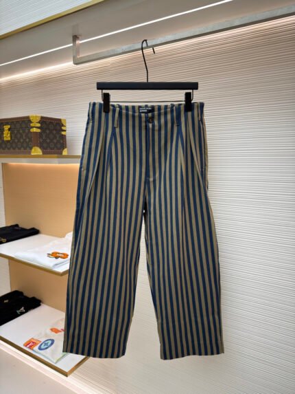 Erd Navy-Green Vertical-Stripe Linen Carrot-Fit Casual Trousers