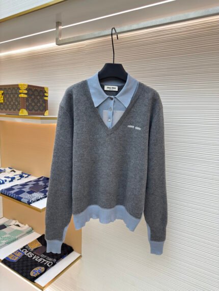 Miu Miu Color-block Long-sleeve Polo Shirt (Morandi Palette)
