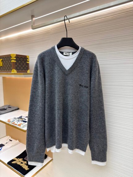Miu Miu Faux-Layer V-Neck Cashmere Sweater