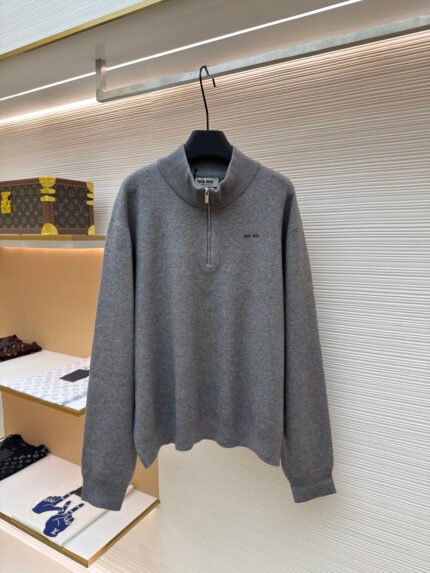 Miu Miu Grey Half-Zip Turtleneck Knit Top