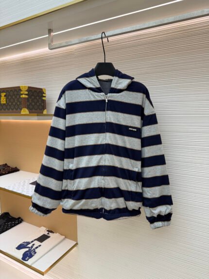 Miu Miu Reversible Navy and Grey Striped Fleece Hooded Jacket